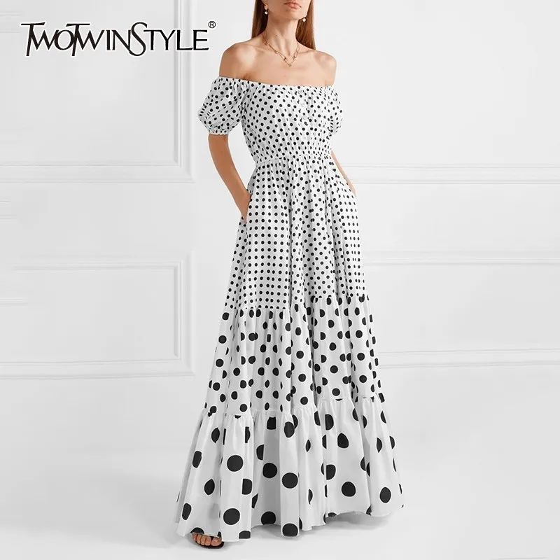 TWOTWINSTYLE платье в горошек с открытыми плечами женское вырезом лодочкой и пышными