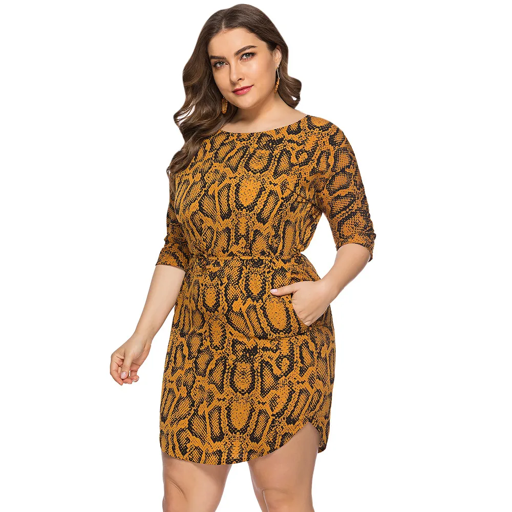 Kenancy Women Plus Size Dress Snake Print Sexy Bodycon Mini Dresses Summer O-Neck 3/4 Length Sleeves Pocket Irregular | Женская одежда