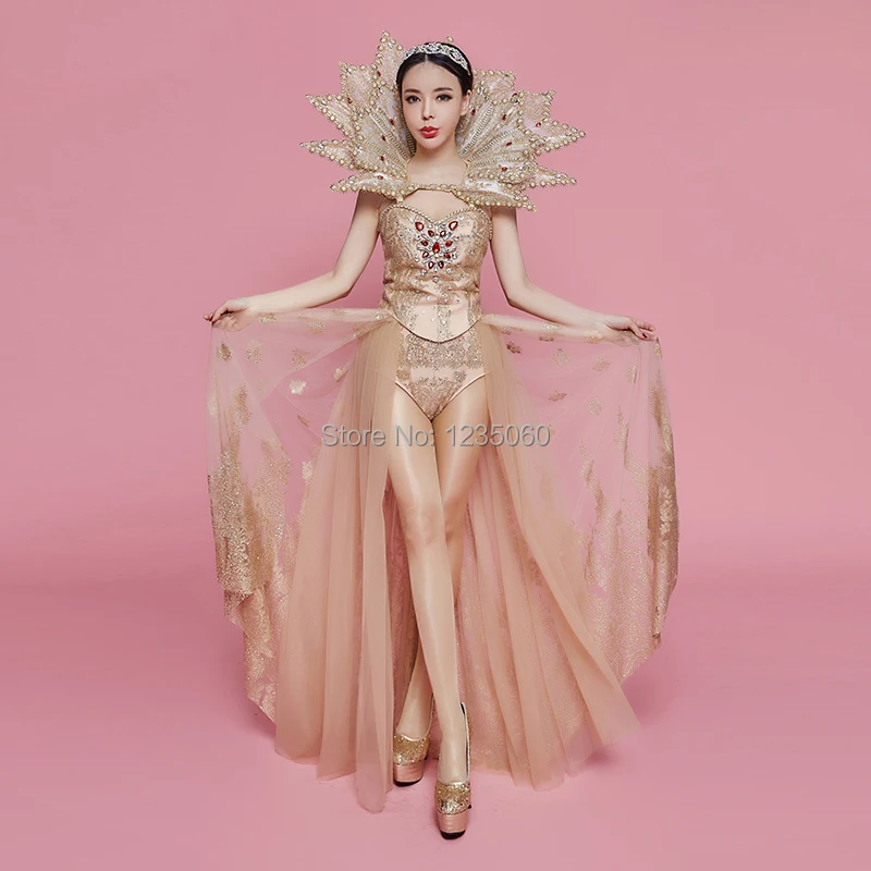 Блестящий Королевский костюм с золотым принтом стразы хвостом для бара клуба