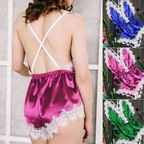2019 Women Lingerie Deep V Neck Lace Sexy Jumpsuit Babydoll Blue Green Pink Sleepwear Underwear Bodysuit | Женская одежда