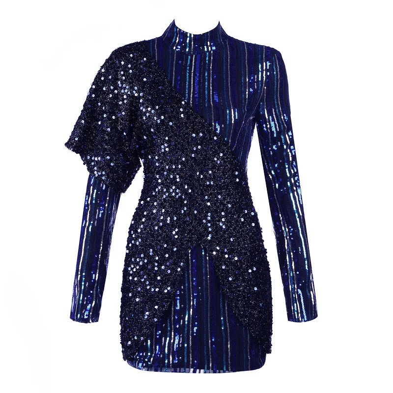 Высококачественное синее яркое Бандажное платье с длинными рукавами и бантом из