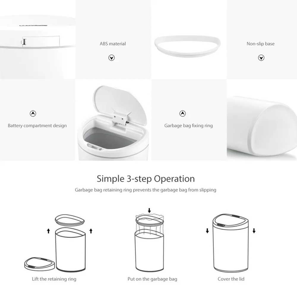 Автоматическая умная мусорная корзина на 10 л домашняя с датчиком для кухни дома