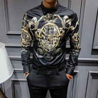 2019 spring autumn black gold print shirts men slim fit shirt men luxury long sleeve shirt plus size