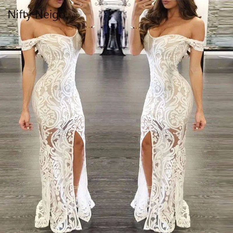 Nifty Neigo Sexy Women Lace Dress Slash Neck Split White Party Summer Sheath Maxi Vestidos | Женская одежда