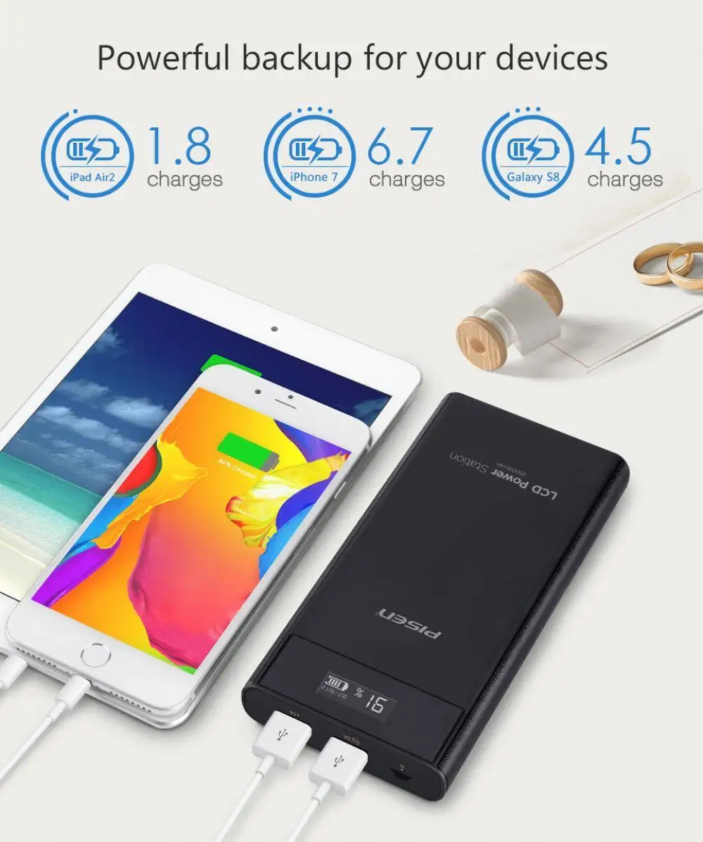 PISEN 20000 mAh power Bank Dual USB Портативный ЖК-внешний портативный аккумулятор для всех