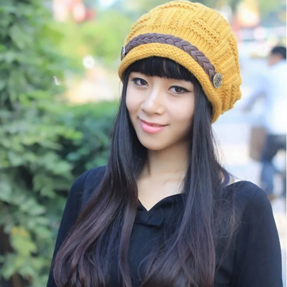 New Women Beanies Girl's Fashion Braided Winter Warm Wool Baggy Beanie Knitted Crocheted Ski Hat Outdoor Skullies |