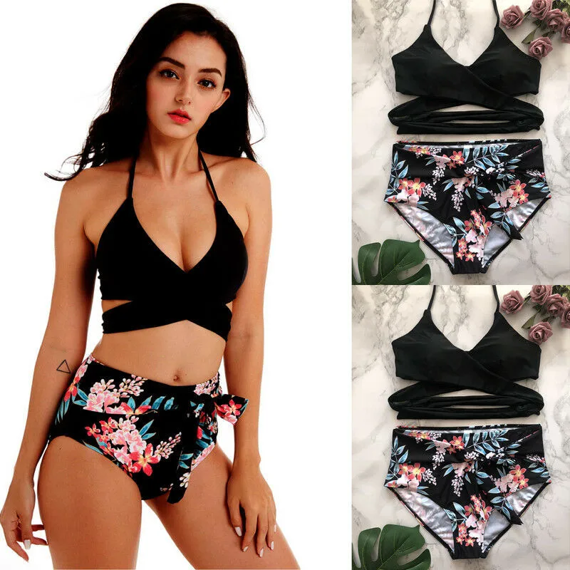 Sexy women beach swimwear biquinis bandage bathing swimsuits Brazilian floral High waist 2 piece Set padded halter holiday 2019 | Женская