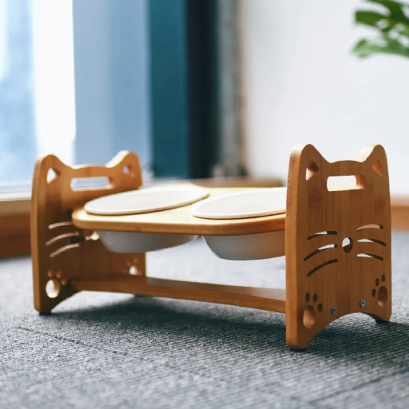 Деревянная миска для кормления домашних животных с бамбуковой рамой