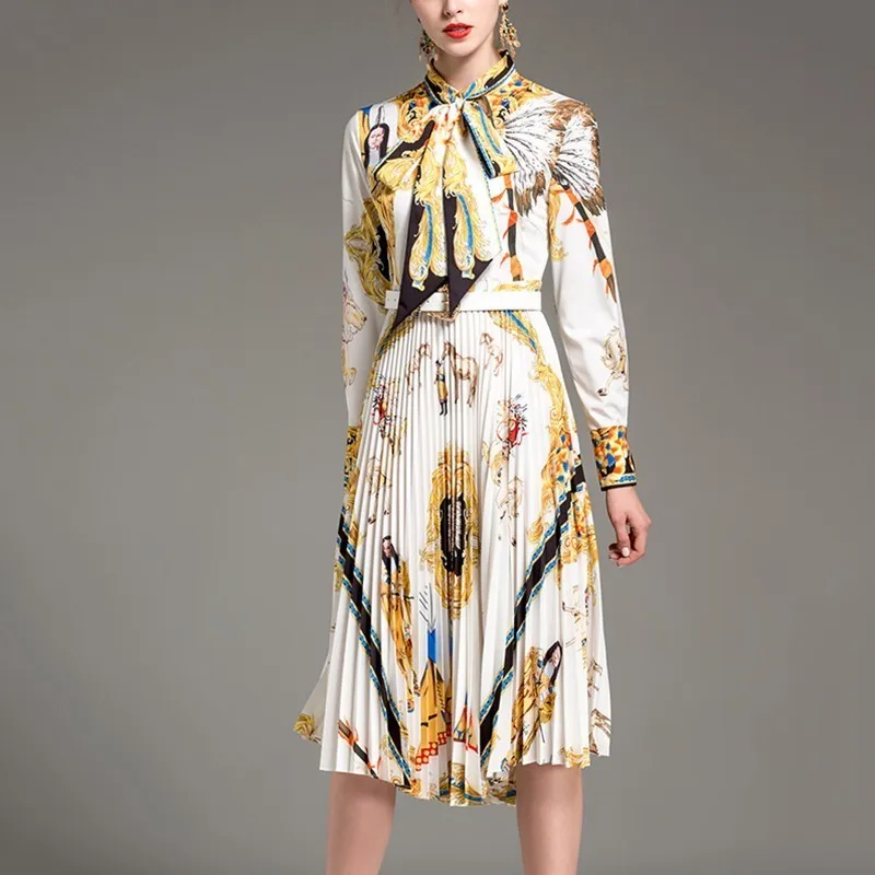 VGH осень платья для женщин воротник-бант с длинным рукавом Высокая талия хит