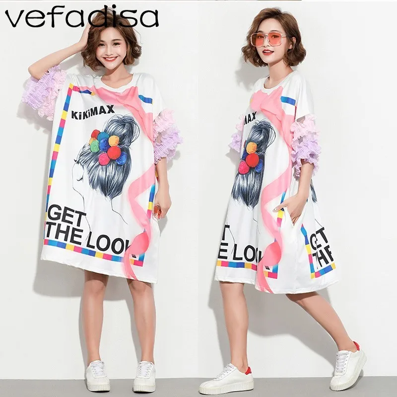 Vefadisa 3D Print T-Shirt Dress Ruffle Lace Short Sleeve Women Long Loose O-Neck Free Size ZLD656 | Женская одежда