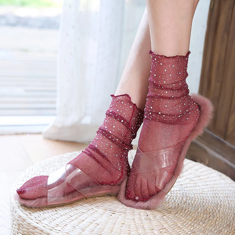 SP & CITY летние прозрачные кружевные короткие носки украшенные стразами блестящие