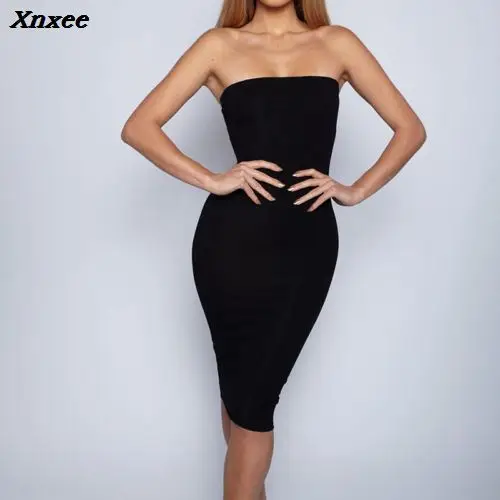 

Xnxee Women Sexy Sleeveless Solid Boob Tube Top Dress Evening Party Stretch Pencil Knee-Length Dresses Xnxee