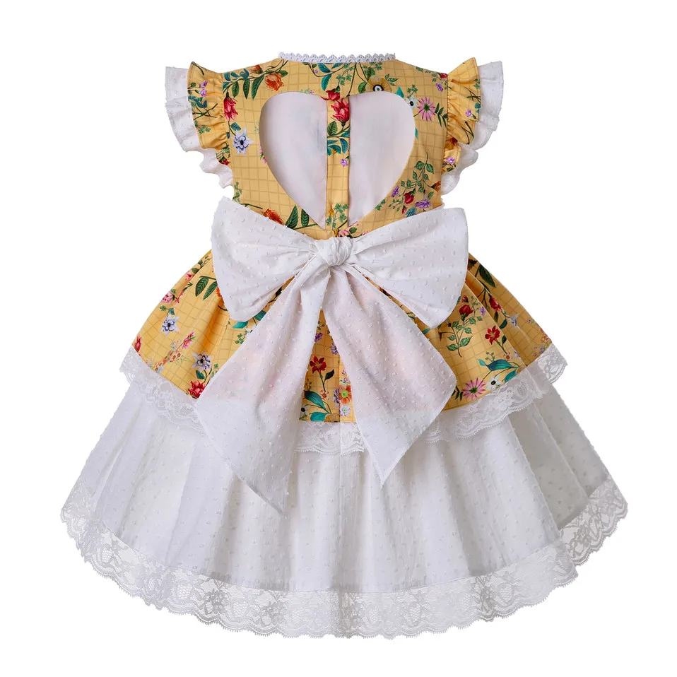 Pettigirl Yellow Girl Flower Printed Dress Heart-shaped Hollow Boutique Baby Clothes With Bows &amp Headwear G-DMGD201-B493 | Детская