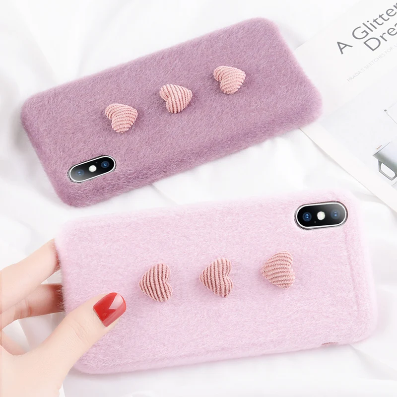 Moskado Plush 3D Love Heart Case For iPhone 6 6S 7 8 Plus X XR XS Max Winter Warm Fur Furry Soft PU Phone |