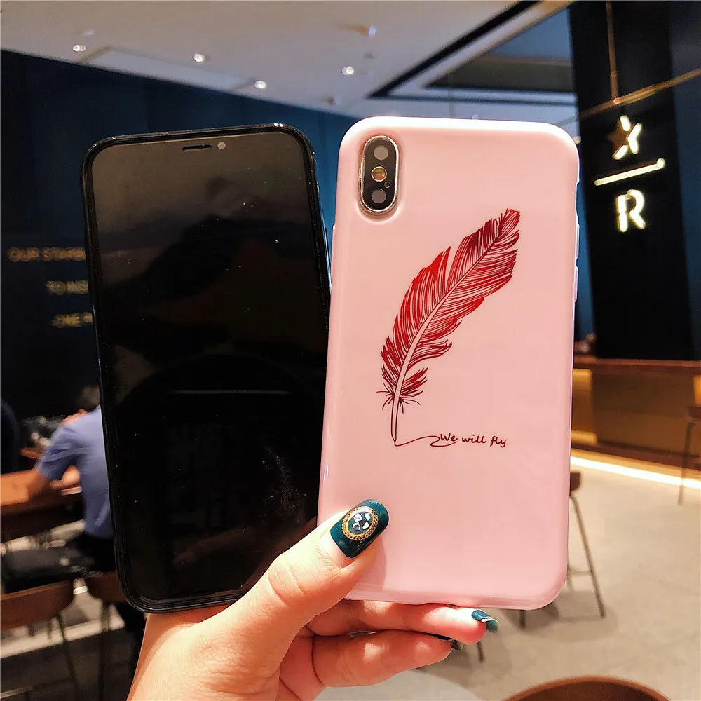 Lovebay Soft TPU Phone Case For iPhone 6 6S 7 8 Plus X XR XS Max Shell Colorful Feathers Cover Capa Black Pink Covers 3D Fashion |
