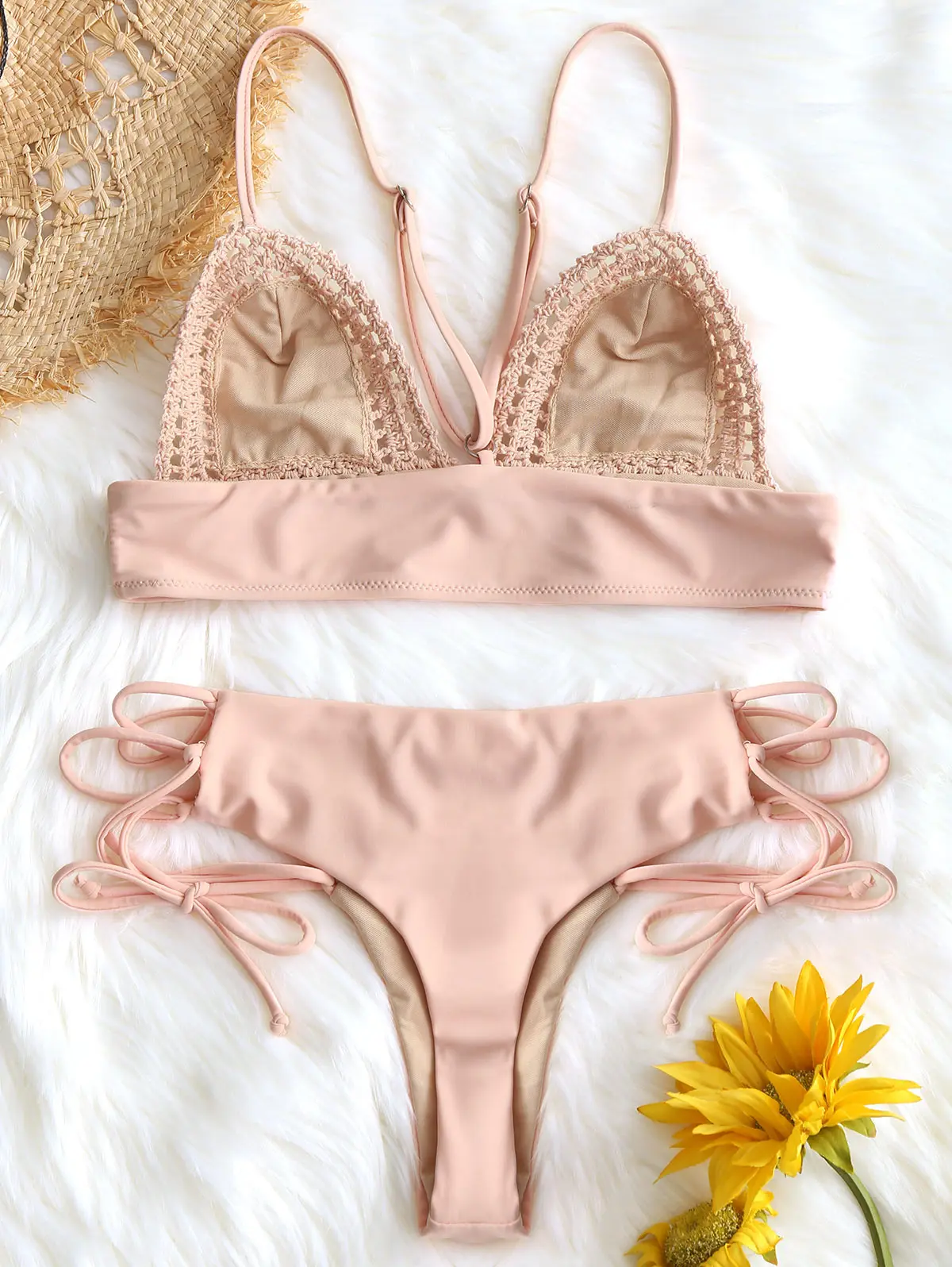 ZAFUL сексуальное бикини с вязаными деталями Панель Bralette бюстгальтер со шнуровкой