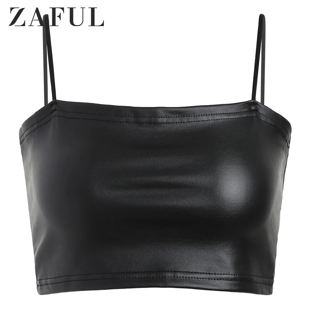 ZAFUL Ками Искусственная Кожа Crop Top Камиs Без Бретелек Твердые Короткие Рубашки