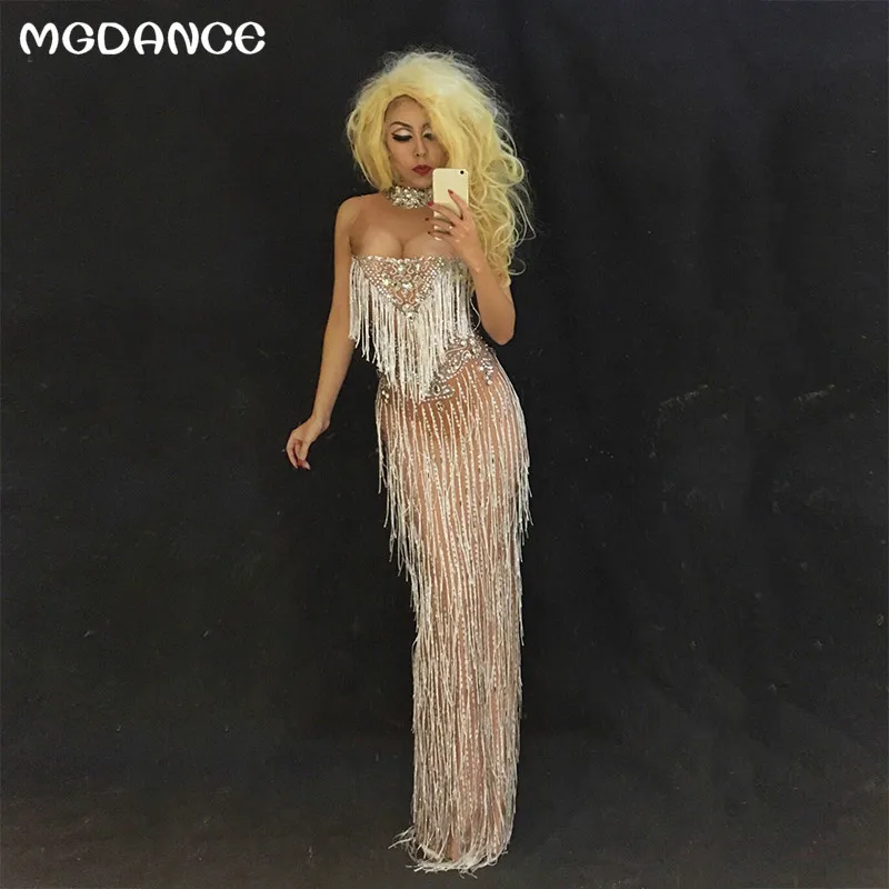 

New Shining Big Crystals Tassel Dress Sexy Nightclub Stones High Neck Long Dress Costume Prom Birthday Celebrate Dresses Outfit