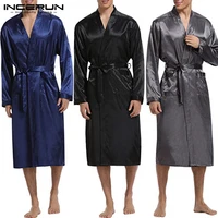 incerun mens silk satin robes pajamas long sleeve solid sleepwear kimono male bathrobe leisure men loungewear dressing gown 2021