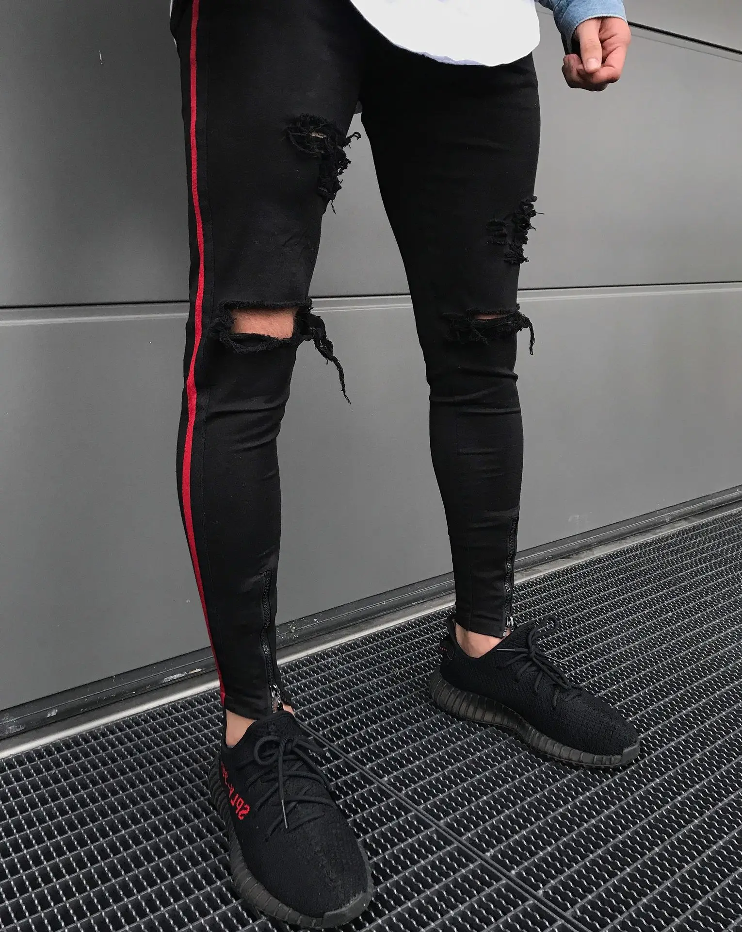 

Casual Men Jeans Straight Slim Cotton High Quality Denim Jeans Men Ripped Keen Hole Zipper Jeans Pants Black Jeans