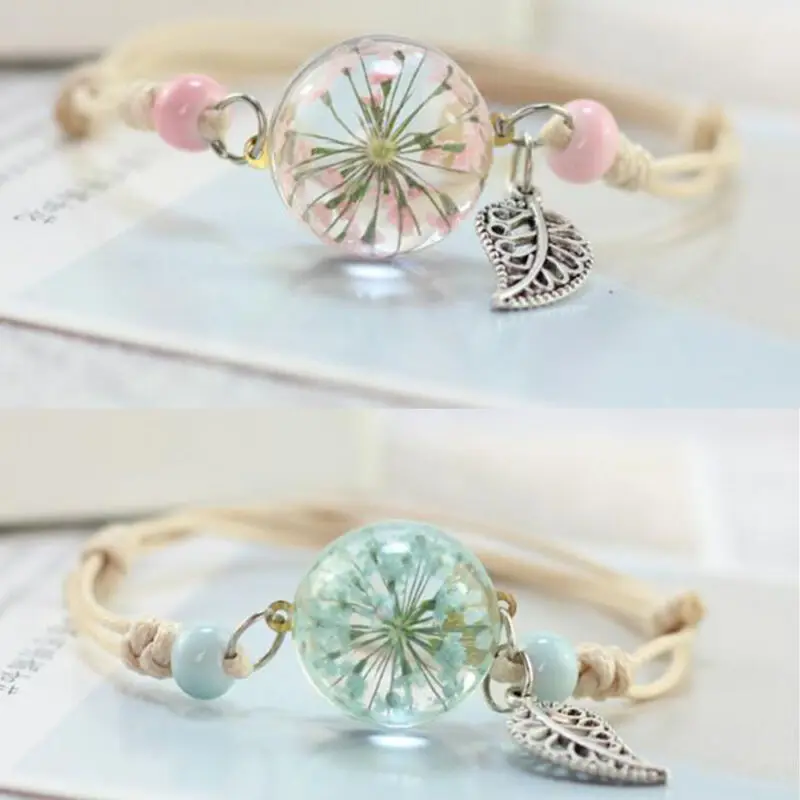 

Dried Flower Specimen Weave Bracelet Glass Ball Dandelion Adjustable Bangle Bracelet Bohemia Jewelry For Women Gifts