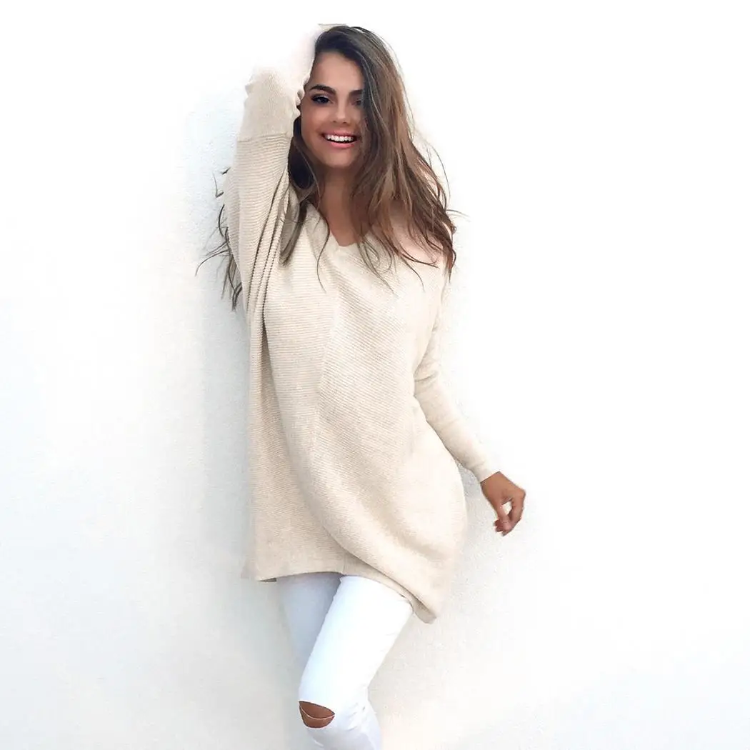 Women Fashion Casual V-neck Long Sleeve Solid Autumn Spring Loose Pullover Sweater | Женская одежда
