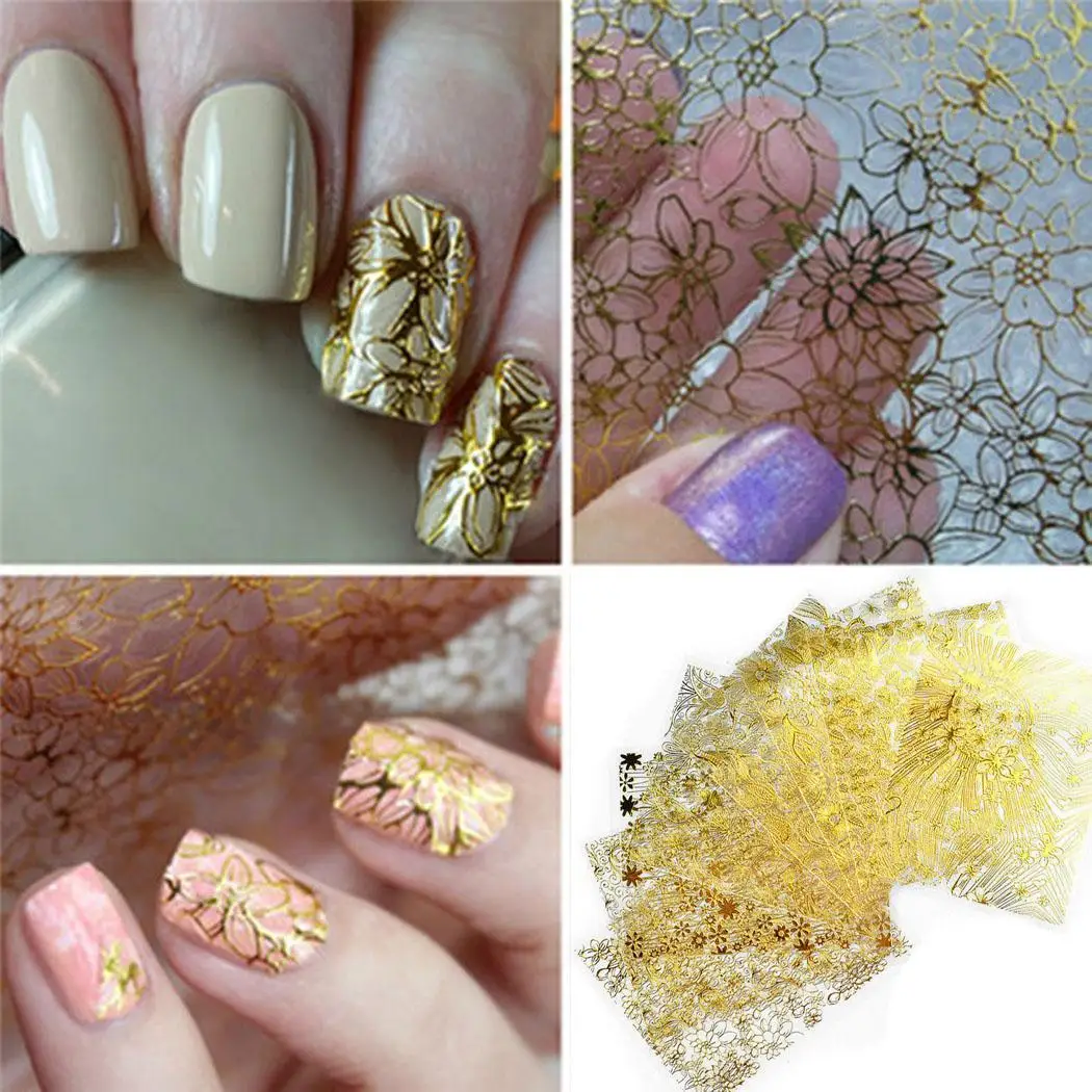 8pcs/set different Designs Nail Sticker Set Black White Silver Gold Blue Flower Leaf Openwork pattern Decal For Nails Art Decor | Красота и