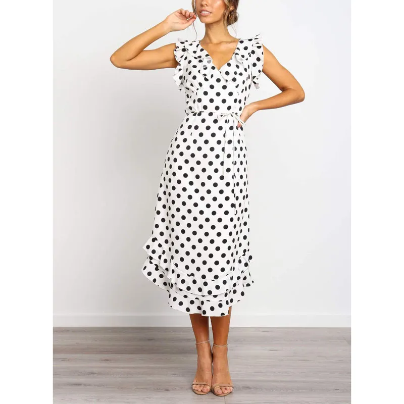 Сексуальное летнее женское платье вечерние Пляжное миди в горошек белое бохо