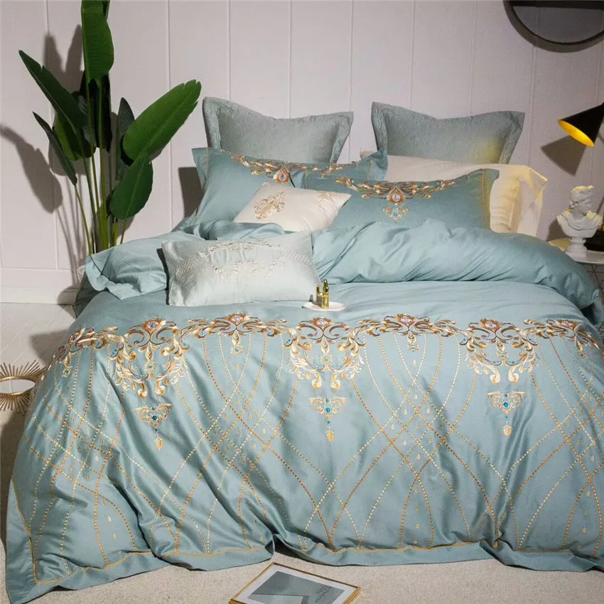 

4/7Pcs Queen King size Egyptian Cotton Blue Luxury Embroidery Bedding Set Bed sheet set Duvet Cover Bedclothes Pillowcase 40
