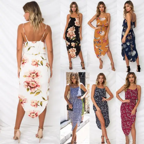 Для женщин Лето Boho короткие Макси Цветочный платье без рукавов Вечерние