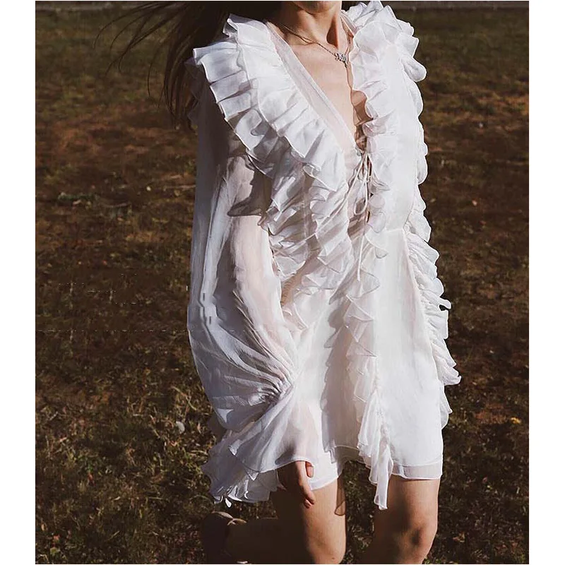 DEAT 2020 spring and summer fashion ruffles leaf flare sleeves bow collar sweet girl's dress V-neck sexy vacation WD57300L | Женская