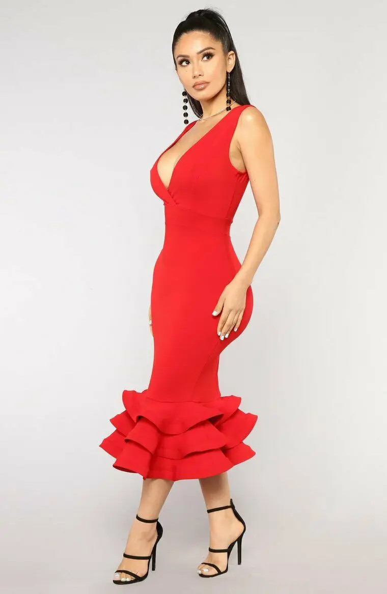 Sexy Women Off Shoulder Sleeveless V Neck Ruffle Dress Bodycon Evening Prom Gowns Midi Party Fishtail 2019 New Arrival | Женская одежда