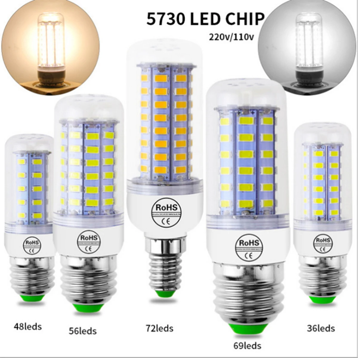 E27 светодиодная лампа E14 Светодиодная SMD5730 220 В кукурузная 24 36 48 56 69 72 светодиоды