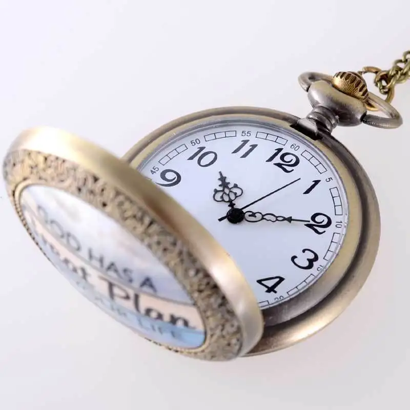 

IBEINA God Has A Plan Theme Full Hunter Quartz Engraved Fob Retro Pendant Pocket Watch Chain Gift