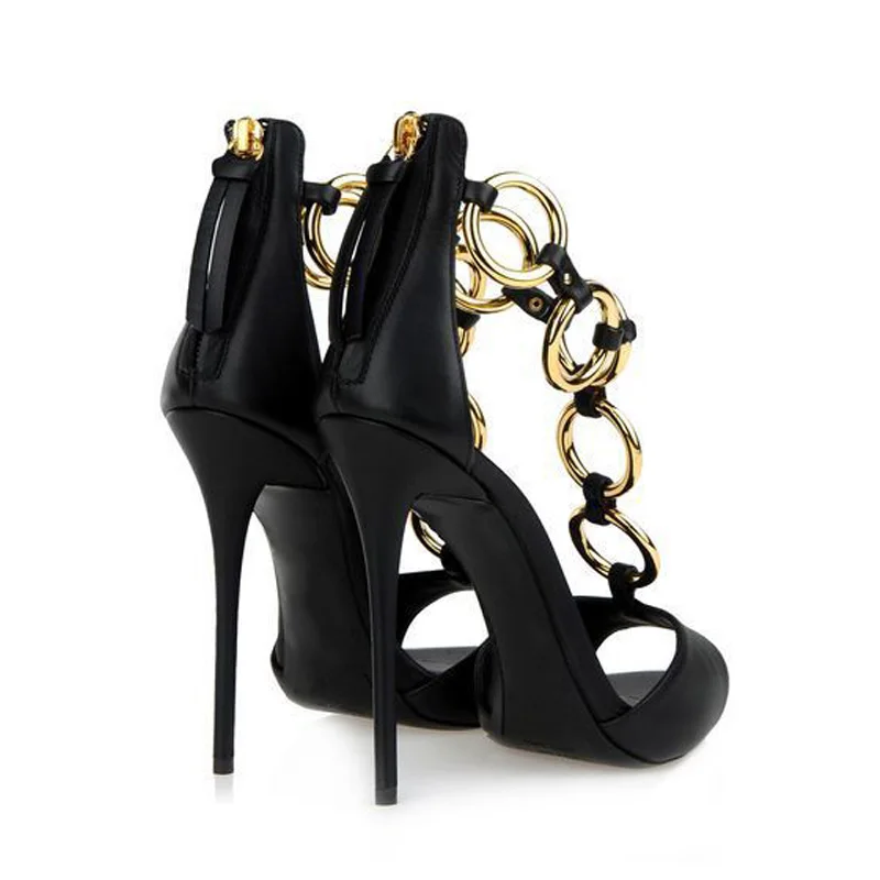 Summer Sexy Gladiator Metal Circles T-strap Women Sandals Zipper Back Stiletto Heels Party High Heels Dress Sandalias Shoe