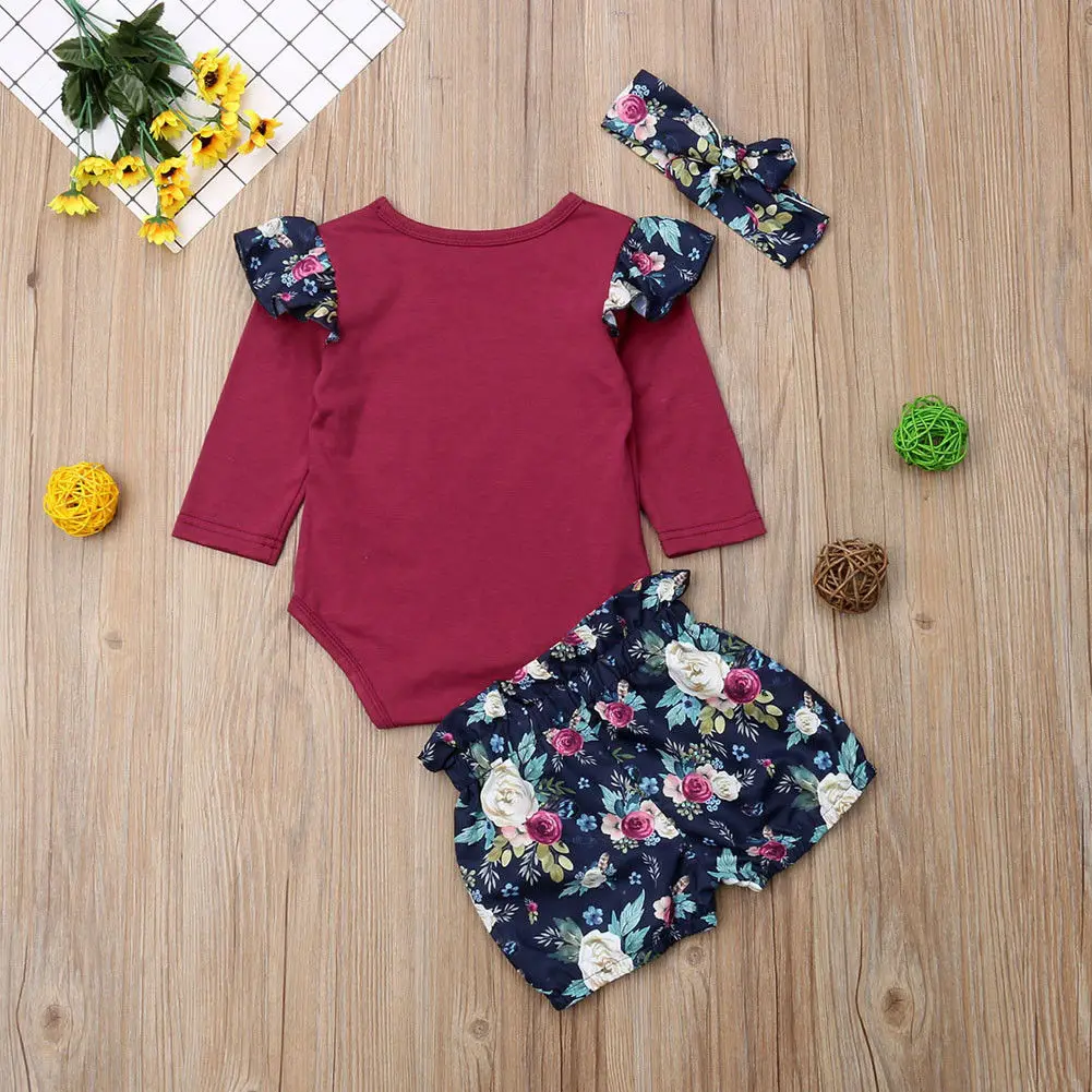 Newborn Toddler Kids Baby Girls Clothes 3PCS Ruffles Long Sleeve Solid Romper Tops+Floral Print Shorts+Headband | Детская одежда и