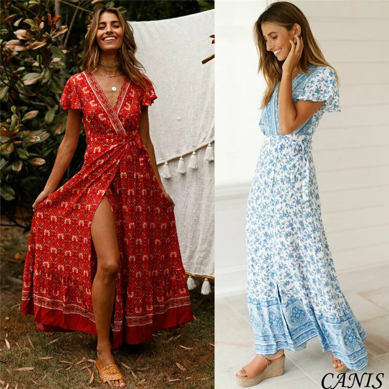 2019 New Arrivals Fashion Women High Slit V-neck Dress Floral Boho Long Maxi Belt Ruffles Sleeve Holiday Beach Sundress | Женская одежда