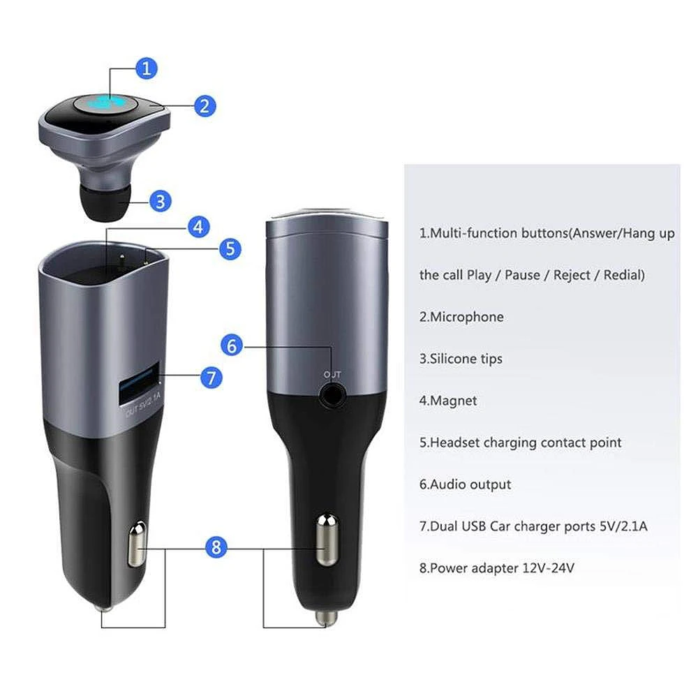 2 в 1 USB Автомобильное зарядное устройство 5 В/2.1A с беспроводной Bluetooth 4 0 гарнитура