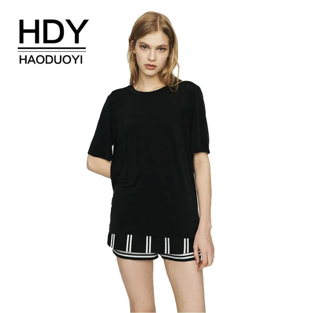 Женская трикотажная футболка HDY Haoduoyi черная свободная с коротким рукавом и