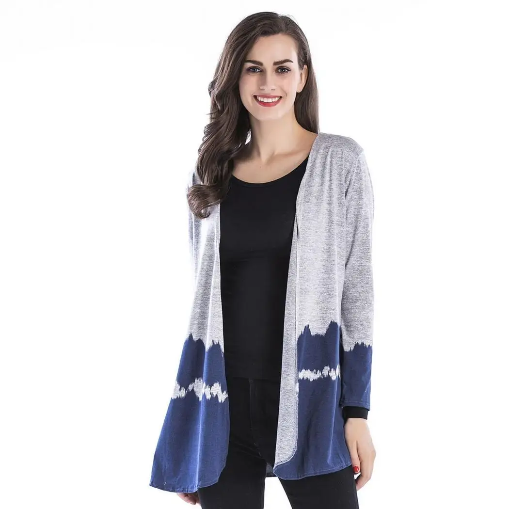 Women Casual Long Sleeve Top Gradient V-Neck Spring Autumn Wine Red Black Blue Color Patchwork Cardigan |