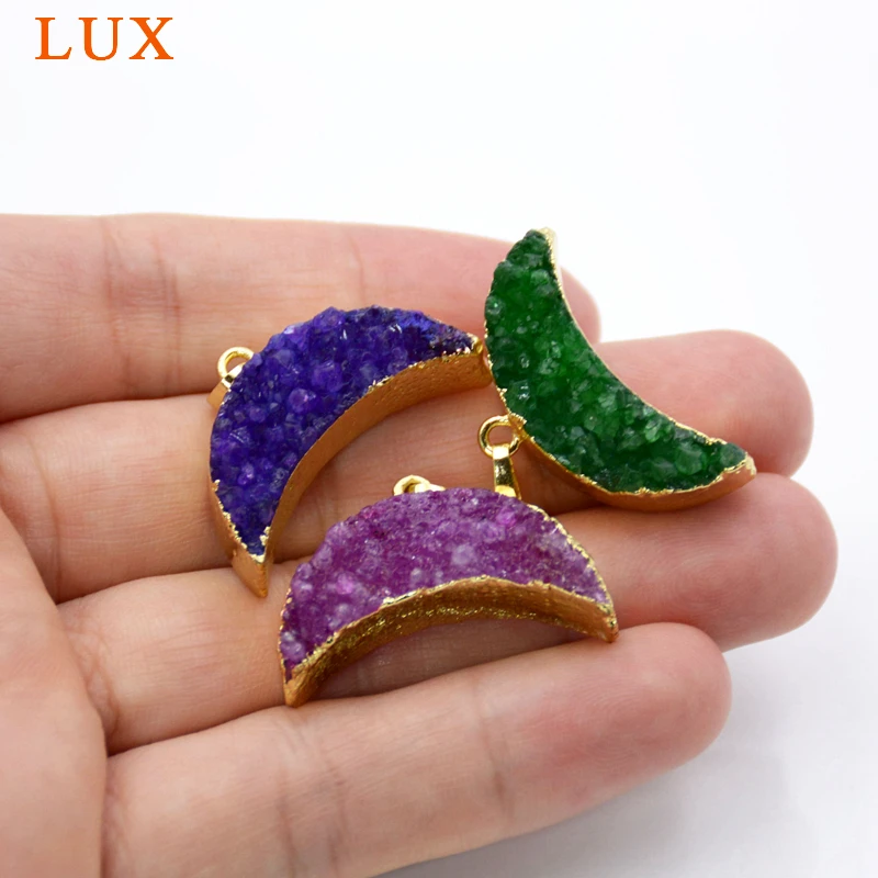 Crystal Quartz Moon Druzy Pendant Rainbow Stone Charm with gold bezel double horn jewelry | Украшения и аксессуары