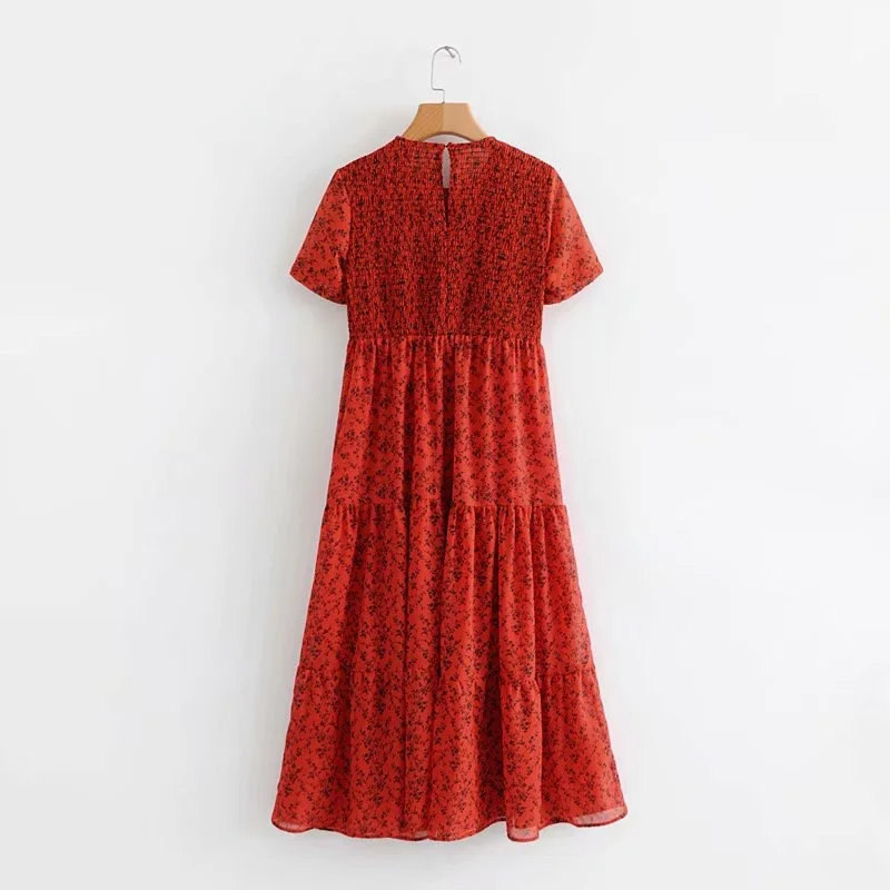 Женское платье миди VOGUEIN красное шифоновое с коротким рукавом и цветочным