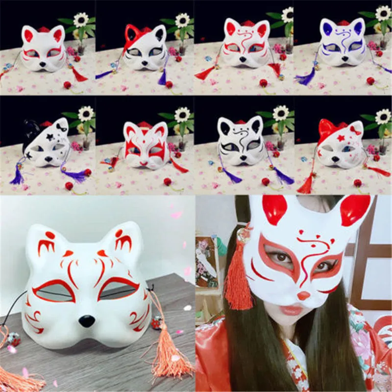 Маска из лисы на половину лица японское аниме ручная роспись Kitsune Хэллоуин