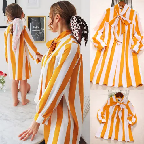 2019 Brand Mother Daughter Matching Party Dresses New Fashion Spring Autumn Women Girl Bowtie Stripe Dress Family Clothes Outfit | Мать и