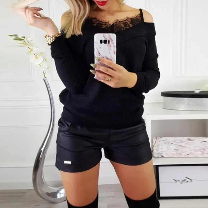 Fashion Women Shirt blusas Lace Neck Cold Shoulder Long Sleeve Tops Blouse Camisas Mujer SJ1395A |