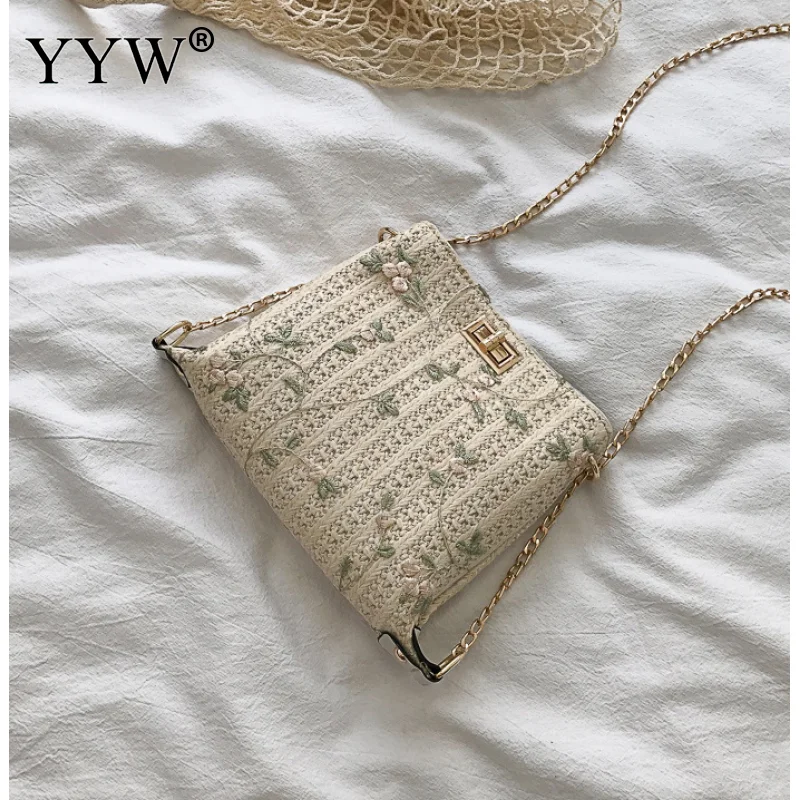 Женская пляжная соломенная сумка белая плетеная Сумка ведро с цветочной