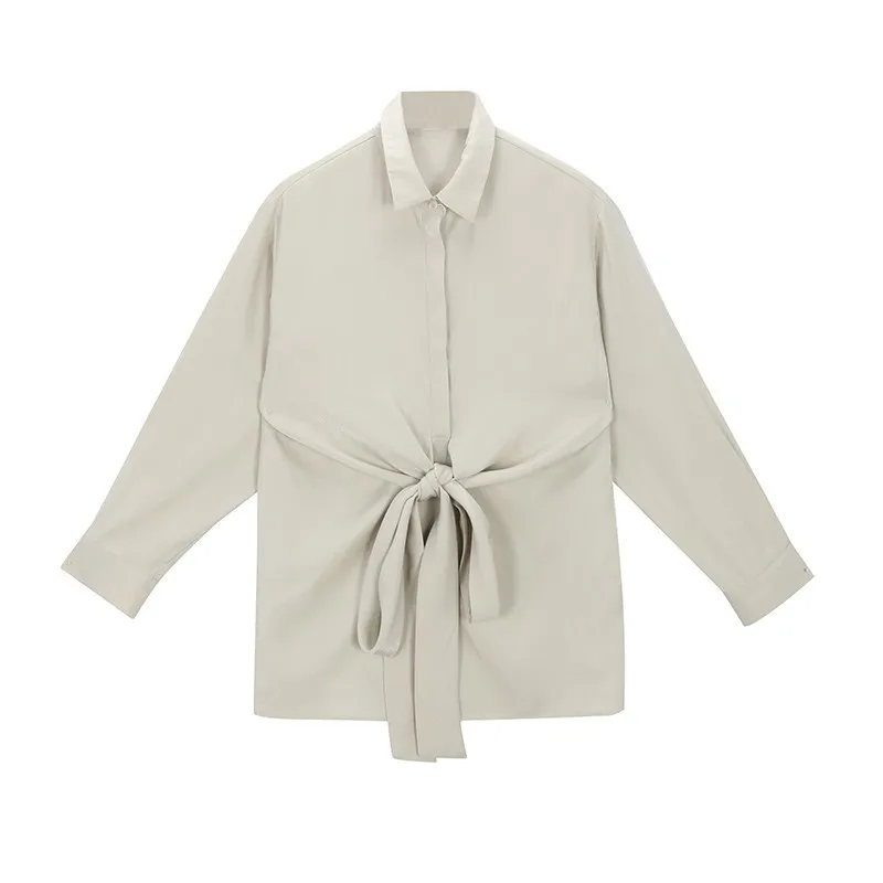 GALCAUR/Весенняя Повседневная однотонная женская блузка с отворотом и длинными