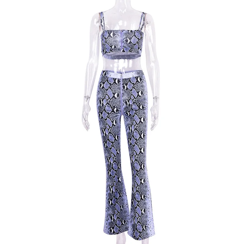 Women Sexy Crop Top And Pants 2 Pieces Set 2019 Fashion Female Purple Snake Skin Printed Bralette Zipper Vest Wide Leg | Женская одежда