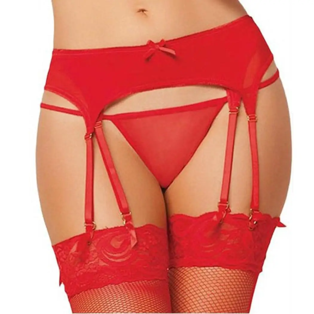 Elover Mesh Layered Sexy Lingerie Erotic Black with Belt G-string Women Garter Double Matching Casual Set Bow Solid Sleepwear |