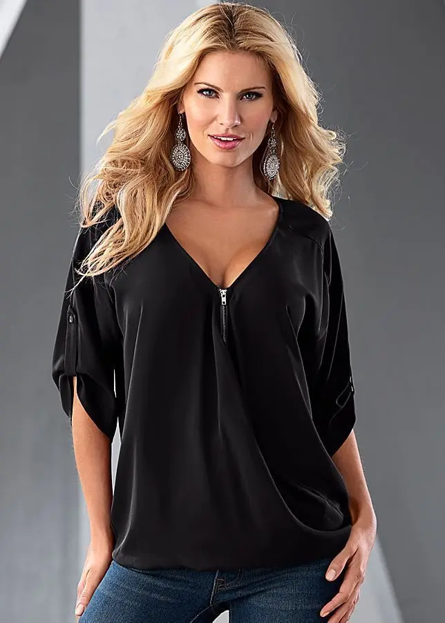 

2019 New Women Fashion Half Sleeve Zipper V-neck Solid Chiffon Blouses Shirts Summer Casual Tops Shirts Blusas